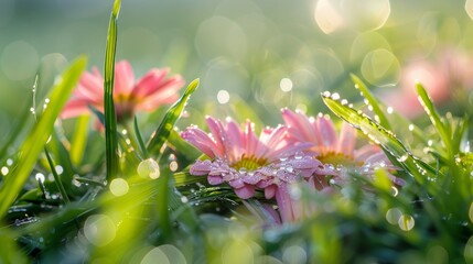 Pink flowers with morning dew sitting in the grass, glistening in the sunlight