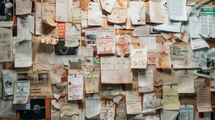 A wall covered in a variety of papers displaying different types of information and announcements