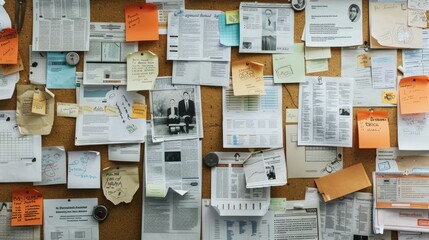 A bulletin board overwhelmed with various papers showcasing information and announcements - obrazy, fototapety, plakaty