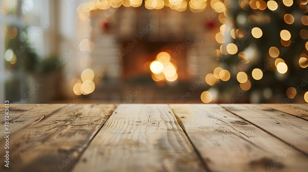 Aufkleber Empty wooden table on Christmas background with fireplace Copy space : Generative AI