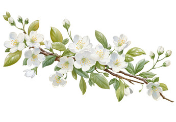 watercolor branch with white flowers and green leaves on a transparent background, spring floral flower branch card decoration - obrazy, fototapety, plakaty