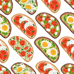 Toasts seamless pattern with different ingredients