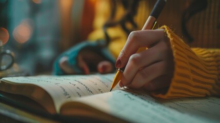 Closeup of a hand holding a pen, writing on a book with reflections or goals