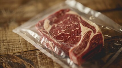 A closeup of a premium raw tomahawk beef steak in a vacuum-sealed plastic bag on a wooden table - obrazy, fototapety, plakaty