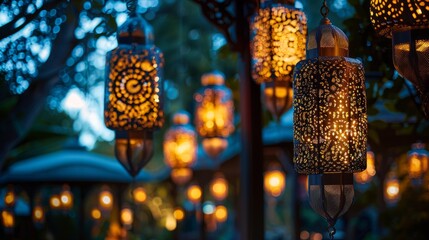 Intricate light installations and decorative lanterns hanging from a tree, casting a warm glow in an outdoor event space