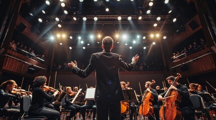 A conductor directs a group of musicians on stage during a performance