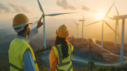 Rear view of engineer pointing at wind turbine with maintenance technician in wind farm Copy space : Generative AI
