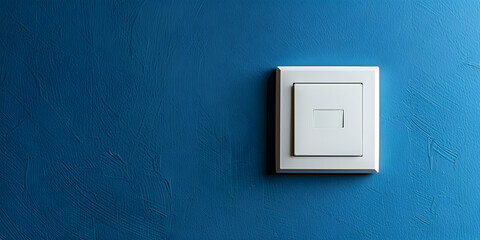 White button switches board on classic blue background Human Hand Turn Off A Power Button On A Blue Wall  Home electrical switch.               
   