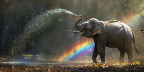 Majestic elephant spraying water in the forest, creating a colorful rainbow with the sunlight