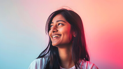 Beautiful smiling millennial indian woman stand indoors look aside in good optimistic mood think about bright future Inspired excited mixed race female enjoy life dream of positive thi : Generative AI - obrazy, fototapety, plakaty