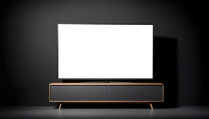 Wide television screen set on modern furniture. Isolated on black background. White display mockup