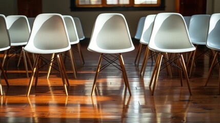 A group of white chairs lined up neatly on a wooden floor, creating a sense of order and readiness for a meeting or gathering event