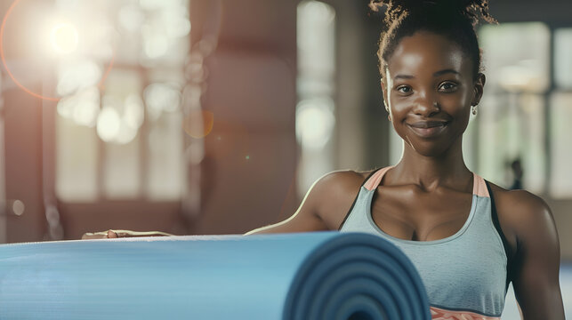 Confident and professional coach in sportswear standing with rolled exercise mat against copy space background Happy young african american woman preparing for workout training in spor : Generative AI