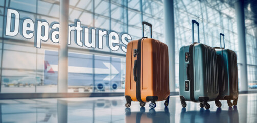 Luggage at the airport. Suitcases, holiday and travel vacations concept..Banner with copy space.