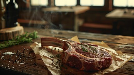 Medium shot of a tomahawk steak package resting on a wooden table with shallow depth of field