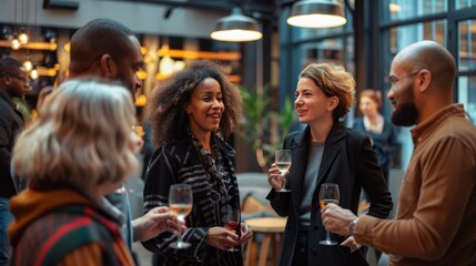 A diverse group of professionals standing around a central area, enjoying glasses of wine together in a loft setting - obrazy, fototapety, plakaty