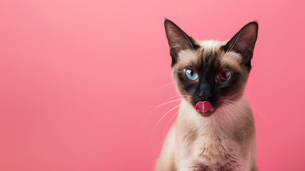 seal point siamese cat looking at camera hungry licking lips portrait on pink background with copy space : Generative AI - Powered by Adobe