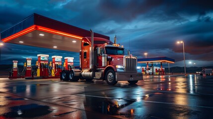 A red semi truck parked at a gas station, refueling at the pumps - obrazy, fototapety, plakaty