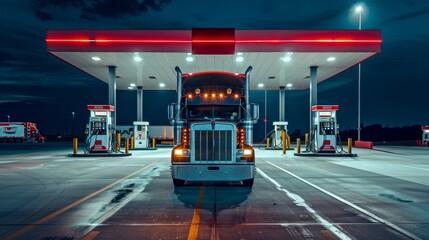 A large semi truck parked at a gas pump in a gas station at night, with the bright lights illuminating the area - obrazy, fototapety, plakaty