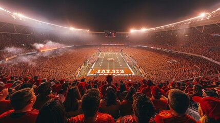 A wide-angle shot capturing a full stadium illuminated by bright stadium lights as spectators watch a football game