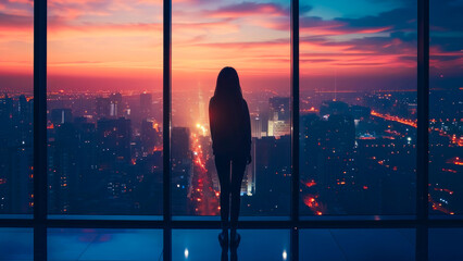 Smart city technology innovation concept with a woman looking out of a room window. Glowing neon illustration background. Business connection, big data, network and global communication. - obrazy, fototapety, plakaty