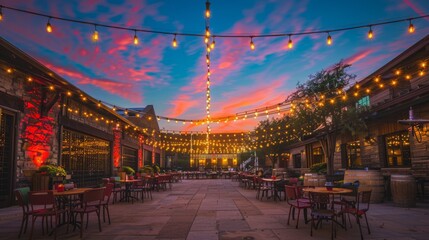 A wide-angle shot capturing a festive outdoor dining area at dusk, with colorful string lights illuminating the space and multiple tables set up for guests