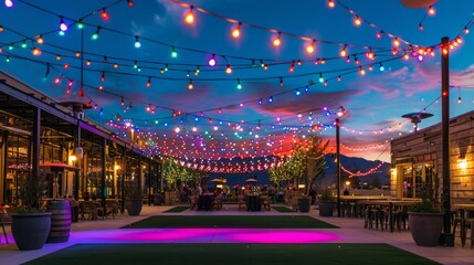 Festive outdoor event space at dusk with colorful string lights illuminating a walkway - obrazy, fototapety, plakaty