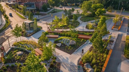 An aerial view of a park featuring benches and trees, showcasing green infrastructure like rain gardens and permeable pavement for stormwater management in urban area