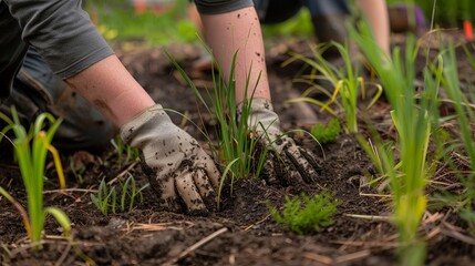 A person wearing gloves is carefully planting native shrubs and grasses in a newly constructed rain garden - obrazy, fototapety, plakaty