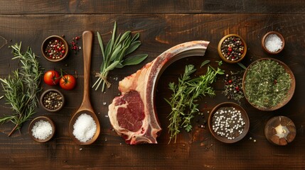 A variety of meats laid out on a table, including tomahawk steak, accompanied by ingredients and...