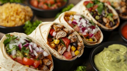 A close-up view of a plate filled with Authentic Burritos ToGo, showcasing traditional Mexican burritos with vibrant ingredients - obrazy, fototapety, plakaty