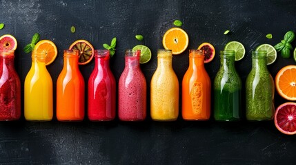 Row of bottles filled with various types of freshly squeezed fruit juices, displaying a colorful...