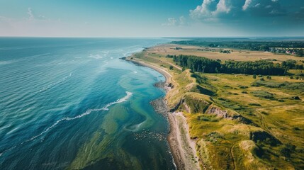 Aerial view of the Baltic Sea shore line near Klaipeda city, Lithuania. Beautiful sea coast on sunny summer day. - obrazy, fototapety, plakaty