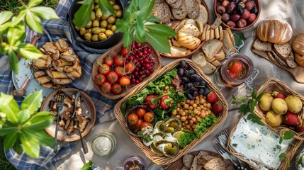 A variety of international delicacies spread out on a picnic table on a sunny day, showcasing a mix of colors, textures, and flavors - Powered by Adobe