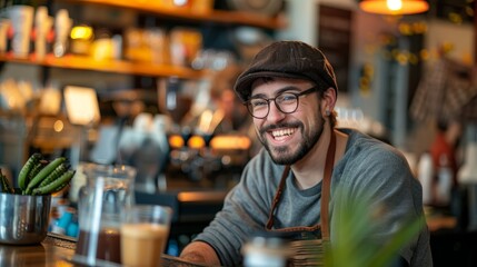 A man sitting at a bar with a smile on his face, engaged in conversation or enjoying a drink in a friendly atmosphere - obrazy, fototapety, plakaty