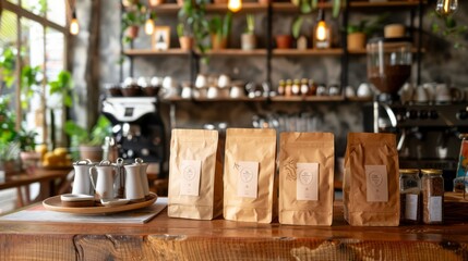 A table is covered with bags of coffee beside potted plants in an eco-conscious cafe setting