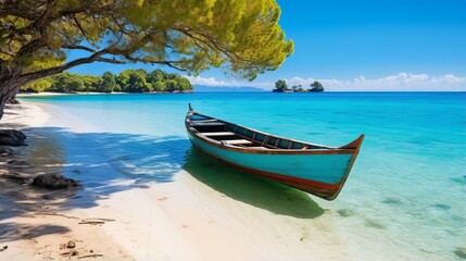 Fototapeta na wymiar Wooden boat on a tropical beach with white sand and crystal clear blue water