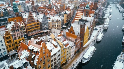 Aerial view of the beautiful main city in Gdansk at winter, Poland - obrazy, fototapety, plakaty