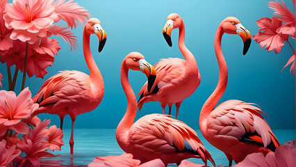 A group of flamingos standing calmly in water surrounded by large pink hibiscus flowers