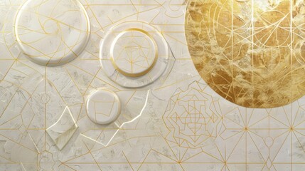 white and gold background. gold leaf style book cover. sacred geometry polygons, circles