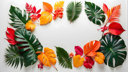 An elegantly arranged frame of tropical leaves and flowers offering a fresh and exotic appeal on a white background