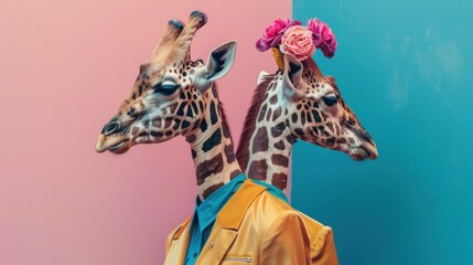 Two beautiful giraffes with flowers on their heads standing in front of a vibrant pink and blue wall