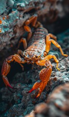 A scorpion rests on a textured rock under the sun, its menacing claws poised for action