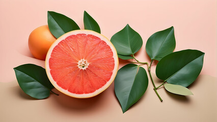 A vibrant image of a halved grapefruit surrounded by green leaves capturing the freshness and vitality of the fruit