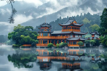 A large building sitting on top of a lake next to a forest covered hillside with clouds in the sky - obrazy, fototapety, plakaty