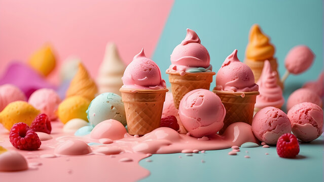 A vibrant and fun image of assorted ice cream cones melting into puddles of colorful cream