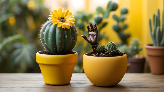 Two charming yellow pots with cacti making peace and rock-hand gestures against a yellow wall