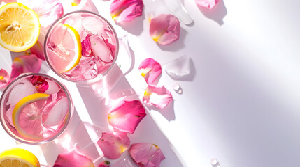 Pink rose cocktails drinks or lemonade with rose flowers and lemon on white sunny background Close up Copy space : Generative AI