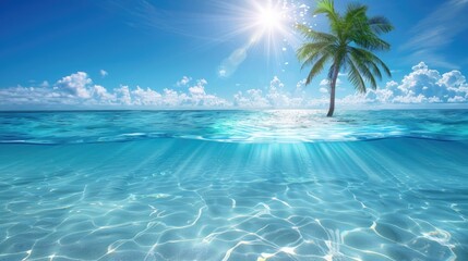 Seabed with blue tropical ocean, sunny blue sky and palm tree, empty underwater background, calm sea water. Summer beach - obrazy, fototapety, plakaty