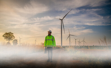 Engineer wearing uniform hold equipment box inspection work in wind turbine farms rotation to...
